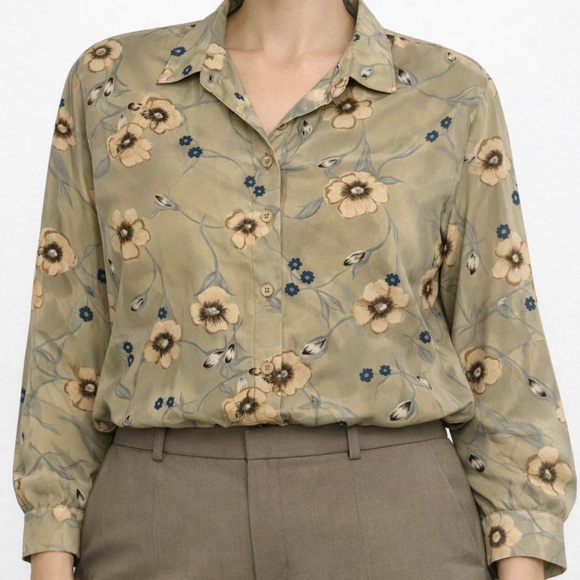 Naji Ahdoot Women Top Light Olive Floral Button-Up Blouse Long Sleeve Size XL - Picture 14 of 14